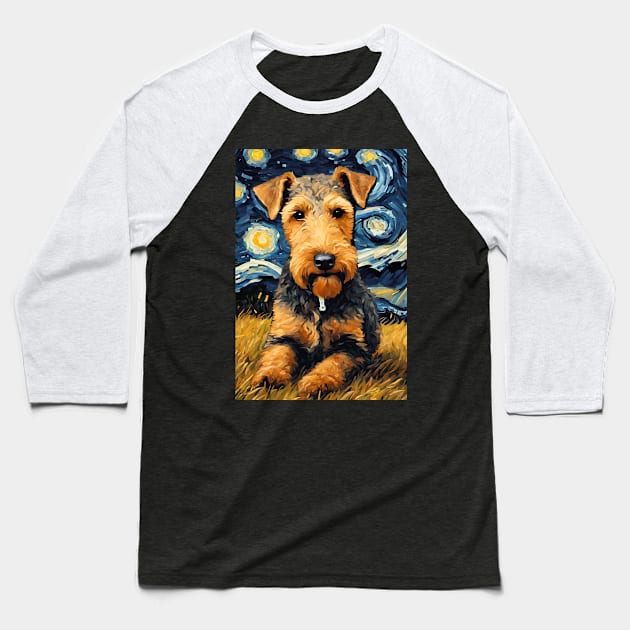 Airedale Terrier Dog Breed Painting in a Van Gogh Starry Night Art Style Baseball T-Shirt by Art-Jiyuu